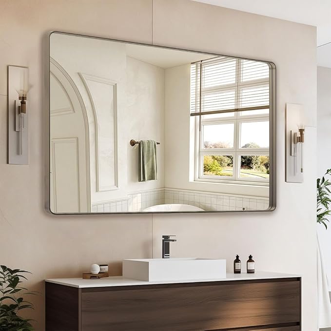 Bronze 48x32 Inch Metal Framed Mirror for Wall, Large Rounded Rectangle Mirror, Anti-Rust, Tempered Glass, Hangs Horizontally or Vertically
