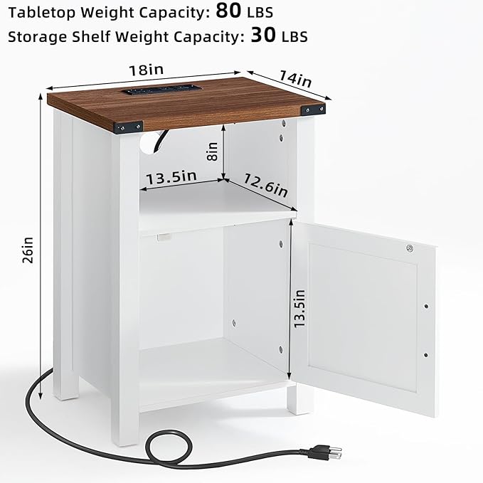 Nightstand with Charger Station and USB Port, 18 Inch Farmhouse Night Stand with Storage Shelf, Modern Couch Side Table with Magnetic Door, Bedside Tables for Bedroom, Home, Antique White