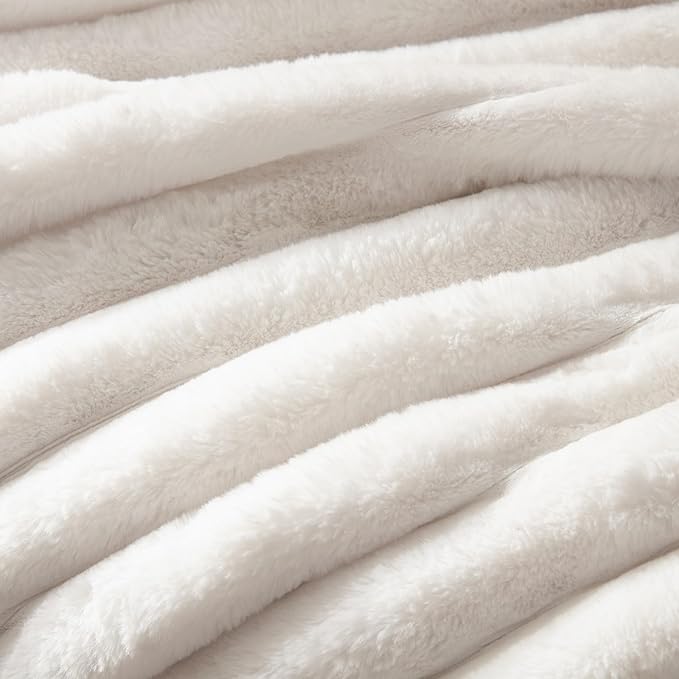 WDCOZY Faux Fur Throw Blanket Striped Super Soft Cozy Fluffy Luxurious Blankets Couch Bed Sofa Chair Home Decor Warm Furry Fall Winter Plush Lightweight Rabbit Fur Bubble Blanket 50" x 60", Ivory
