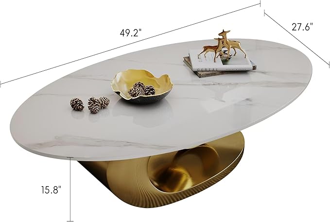 Modern Oval Sintered Stone Coffee Table, 49.2" White and Gold Rectangle Coffee Table with Faux Marble Top & Golden Geometric Stainless Steel Base, Rectangle Tea Center Table for Living Room