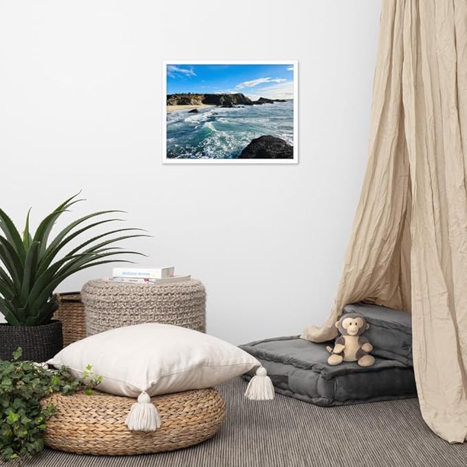 Bodega Bay Coastal Wall Art – Framed Ocean Photography Print – California Nature Landscape Poster – Seascape Decor for Living Room or Bedroom - (18x24 inches)- Wooden Framed (White)