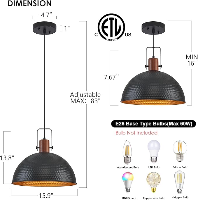 16 Inch Black Pendant Lights Hammered Matte Pendant Lights for Kitchen Island Industrial Farmhouse Adjustable Height Dome Hanging Light Fixtures for Barn, Dining Room 2 Packs