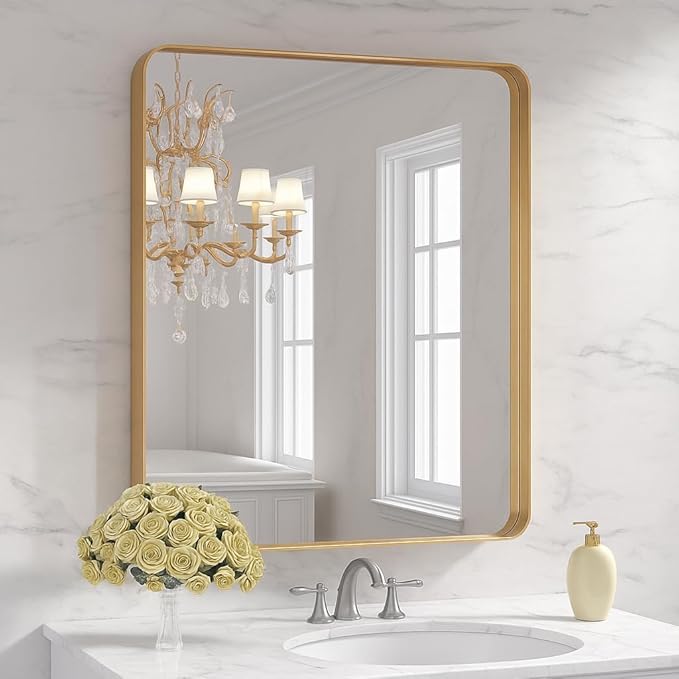 Gold 30x36 Inch Metal Framed Mirror for Wall, Large Rounded Rectangle Mirror, Anti-Rust, Tempered Glass, Hangs Horizontally or Vertically