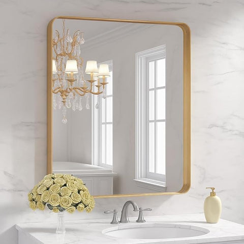 Gold 30x36 Inch Metal Framed Mirror for Wall, Large Rounded Rectangle Mirror, Anti-Rust, Tempered Glass, Hangs Horizontally or Vertically