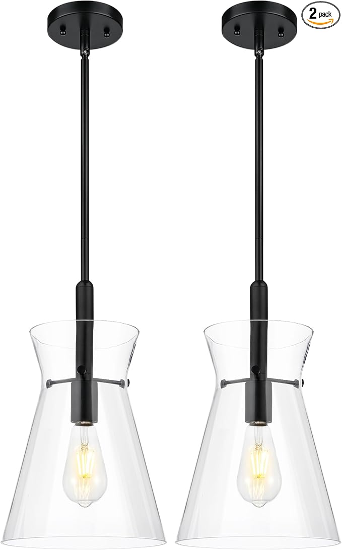Emak 9 Inch Black Pendant Light, 2 Pack Large Pendant Lights Kitchen Island with Clear Glass Shade, Modern Farmhouse Hanging Light Fixture for Kitchen, Dining Room, Bathroom, PL130-BK-CG-2PK