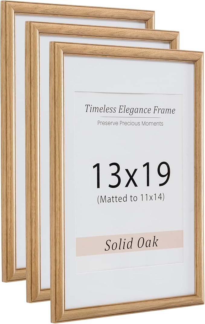 13x19 Picture Frame, Natural Solid Wooden Picture Frames with Tempered Glass, Display 11x14 with Mat or 13x19 Without, Vertical or Horizontal Wall Hanging Photo Frame, Natural Oak Color, 3 Pack