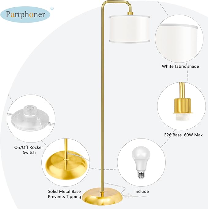 [Upgraded] LED Floor Lamp for Living Room, 3 Color Temperature Floor Lamp with Foot Switch Modern Standing Lamp Tall Pole Floor Reading Lamp for Bedroom, Study Room, Office, 9W Bulb Included, Gold