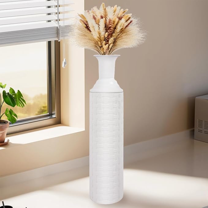 Tall Floor Vase for Pampas Grass, Extra Large Vase Decor, Set of 3 Floor Vases Decorative Tall Vases Home Decor, Metal Material, Handcrafted Rattan Pattern, Matte White