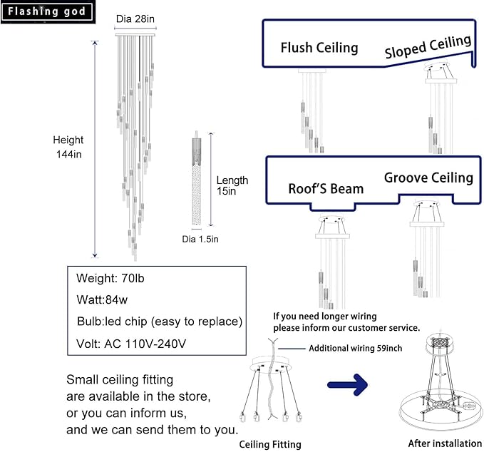 Flashing God High Ceiling Chandeliers Long Spiral Chandeliers for Entryway H144inch Modern Crystal Chandelier for Staircase Foyer Living Room Sloped Ceilings Light Fixture
