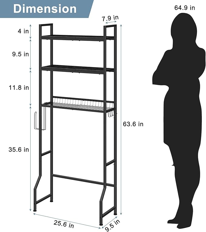 Over The Toilet Storage Over Toilet Rack Bathroom Organizer 3 Tier Toilet Shelf with 4 Hooks and Toilet Paper Holder Freestanding Bathroom Stand Over Toilet Save Space, Black