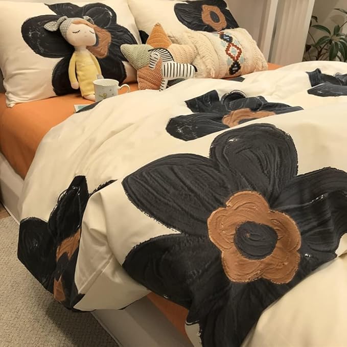 Pureant Black Sunflower Comforter Sets Full Black and White Floral Bedding Comforters Cotton Women Girls Boho Black Botanical Quilts Large Flower Blankets Garden Adults Teens Bohemian Rustic Bedding