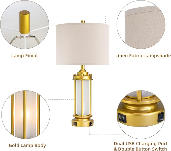 Modern Bedroom Table Lamps Set of 2, Farmhouse Vintage Bedside Lamp with 2 USB Ports, Gold Nightstand Desk Lamps with Glass Nightlight for Living Room Entryway Dresser, 4 Bulbs Included