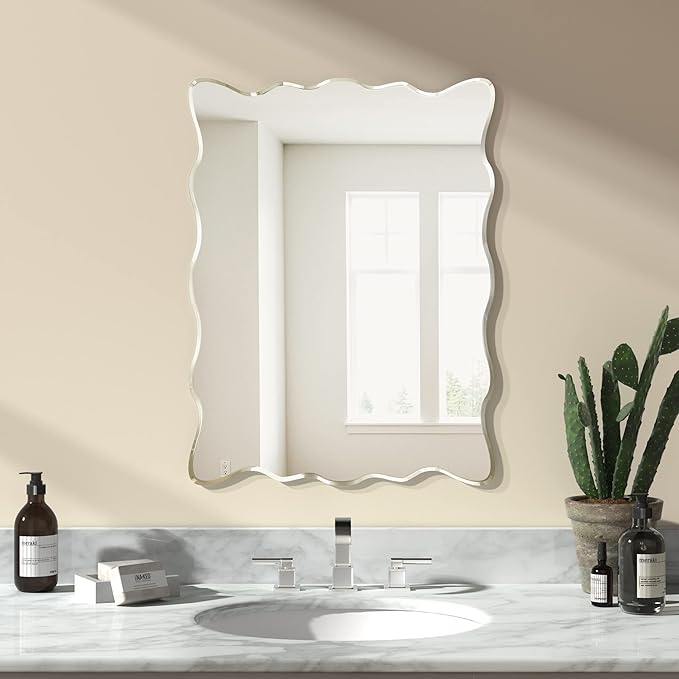 KOHROS Wavy Wall Mirror Frameless Bathroom Mirrors for Over Sink 18” x 24" Beveled Edge Mirror for Vanity and Entryway Hang Horizontally or Vertical