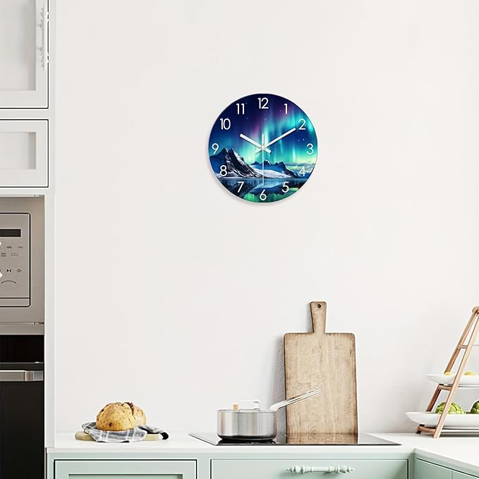 XNM Teal Landscape Kitchen Clocks 14 Inch Glass Wall Clocks Battery Operated Round Silent Wall Clock Non Ticking