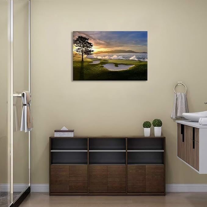 Pebble Beach Canvas Wall Art Picture Pebble Beach Golf Course Wall Decor for Living Room Bedroom Bathroom Home Decorations Golf Course Poster Picture Framed Artwork Ready to Hang(28''H x 44''W)