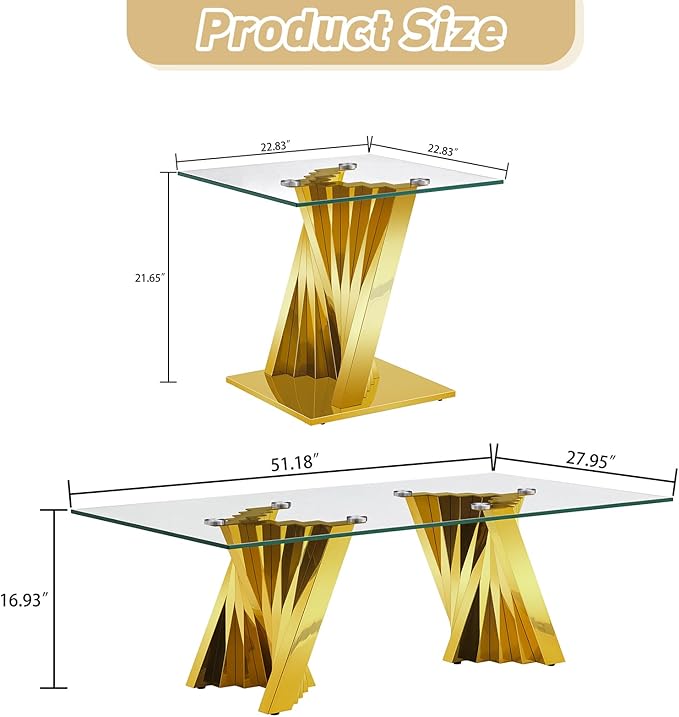 Glass 3 Piece Living Room Table Sets,3-Piece Table Set Includes 1 Glass Coffee Table and 2 End Tables with Stainless Steel Frame,Modern Coffee Table Set of 3 for Living Room (Gold)