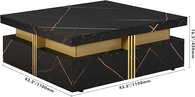 Merax Coffee Table, Modern Square Coffee Table with 4 Drawers, Contemporary Luxury Center Table Cocktail Table with Gold Accents for Living Room, 43.3" Lx 43.3" W (Black)