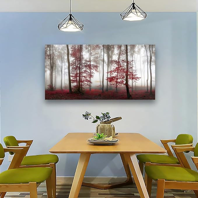 Misty Forest Pictures Canvas Wall Art for Living room Office Bedroom Wall Decor,Forest Wall Art Print Paintings Modern Nature Red Tree Artwork Waterproof Ready to Hang-28x57 inch