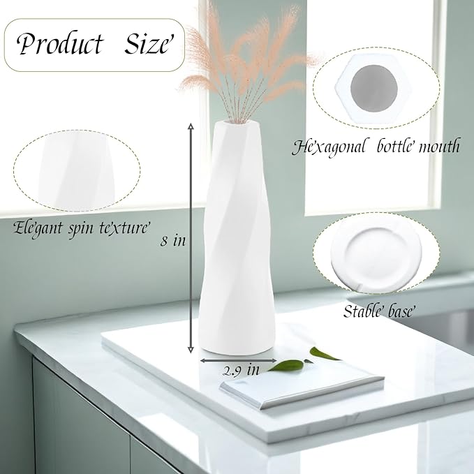 10 Pack White Vases, 8 Inch Plastic White Bud Vases Bulk for Flowers Pampas Grass, Tall Unbreakable Ceramic Look Small Plastic Flower Vases for Centerpieces Home Table Decor