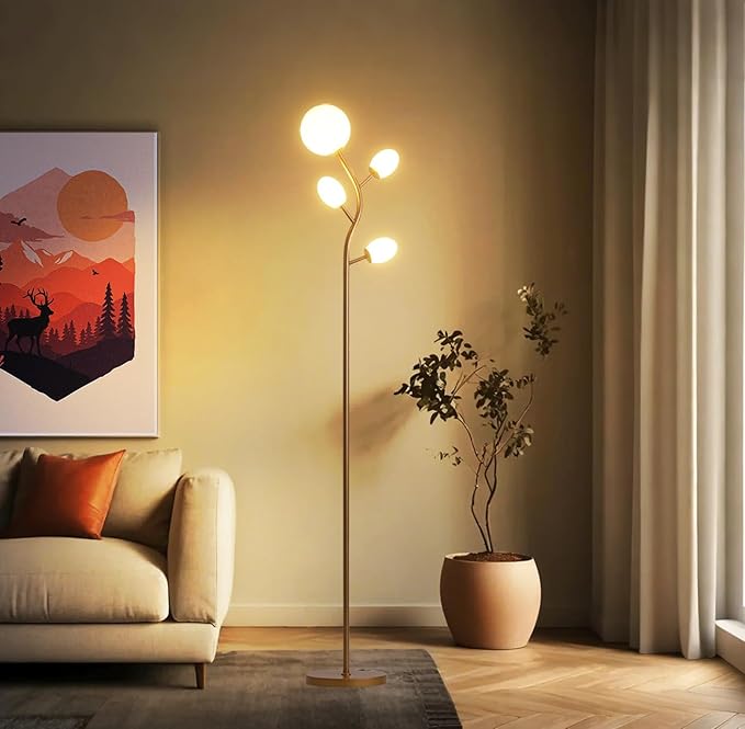 Fiqevs 4 Globe Floor Lamp with 2700K Warm Light LED Bulbs Included, Mid Century Modern Tree Standing Lamp with Frosted Glass Shade, Arc Torch Tall Lamp for Living Room, Bedroom, Office, Antique Brass