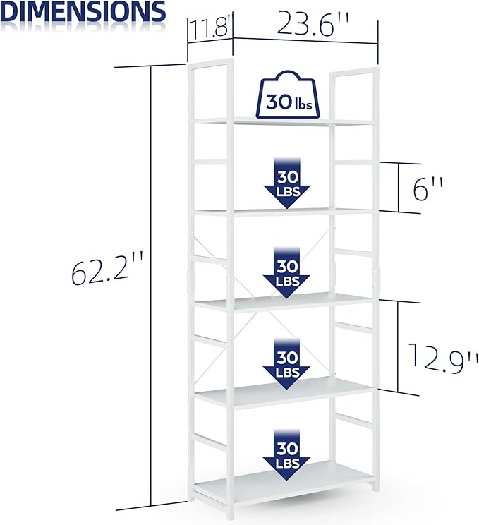 NUMENN 5 Tier Bookshelf, Tall Bookcase Shelf Storage Organizer, Modern Book Shelf for Bedroom, Living Room and Home Office, White