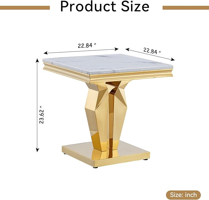SSLine Modern White Faux Marble End Table Luxury Square Sofa Side Table with Gold Pedestal Base Mid-Century Elegant Bedside Table w/Mirrored Stainless Steel Frame for Living Room Bedroom