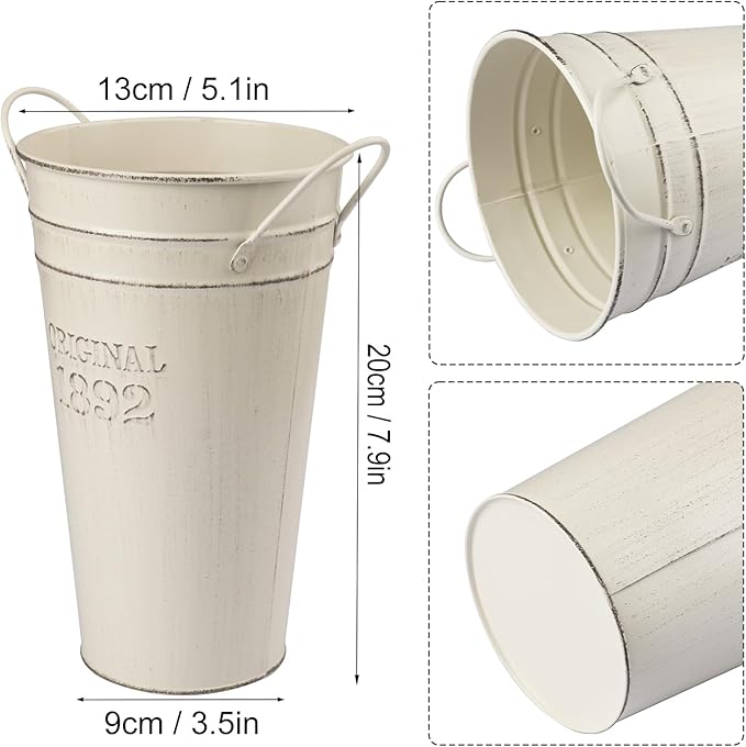 5 PCS 8 Inch Tall Rustic Galvanized Flower Vases, Farmhouse French Buckets for Beautiful Floral Arrangements, Home Decor or Weddings and Events