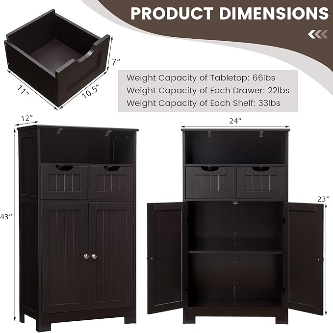 COSTWAY Bathroom Storage Cabinet, Freestanding Storage Organizer with 2 Drawers & Adjustable Shelf, Wooden Floor Cabinet for Living Room, Bedroom, Kitchen, Entryway (Brown)