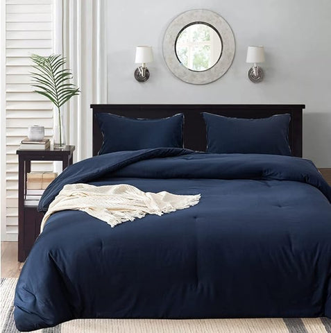 Wellboo Dark Blue Comforter Sets King Size Navy Blue Bedding Comforter Cotton Solid Navy Comfy Blankets Soft Women Men Classic Deep Blue Quilts Modern Pure Navy Blue Bedding with 2 Pillowcase