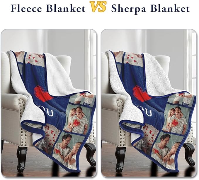 Sherpa Fleece Custom Photo Blanket - Soft, Warm, Fuzzy - Personalized Couples Gifts for Boyfriend, Girlfriend - Customized Picture Blanket for Birthday, Christmas