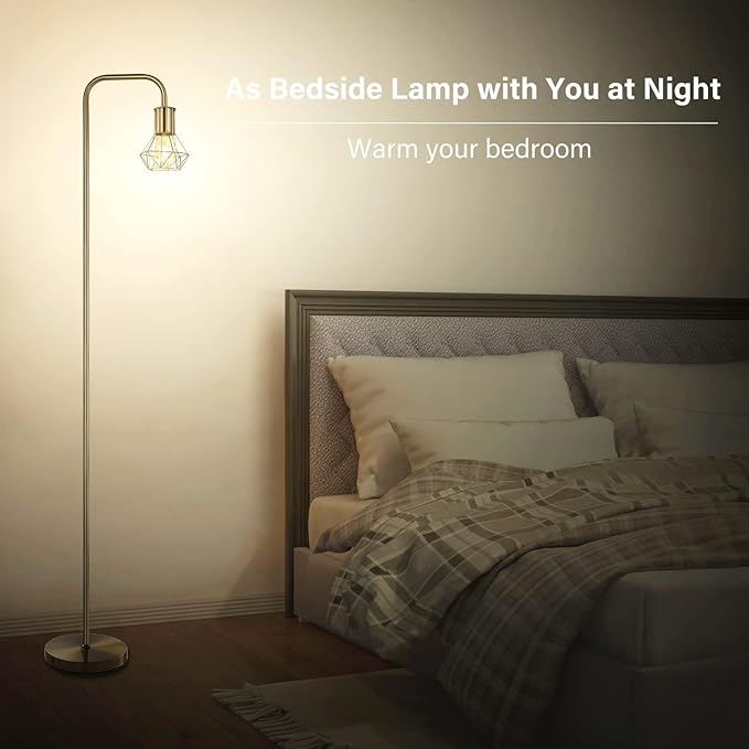 BoostArea Gold Floor Lamp, Industrial Floor Lamp, 6W Diamond Standing Lamp, E26 Socket, On/Off Footswitch, Whole Metal, Modern Small Simple Stand Up Lamp for Bedroom Living Room, Vintage, Mid Century