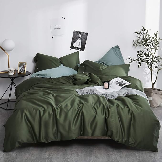 VM VOUGEMARKET Green Duvet Cover Queen,3pcs Silky Cooling Sateen Cotton Bedding Set for Hot Sleeper,Soft Breathable Duvet Cover with Zipper (Dark Green,Queen)