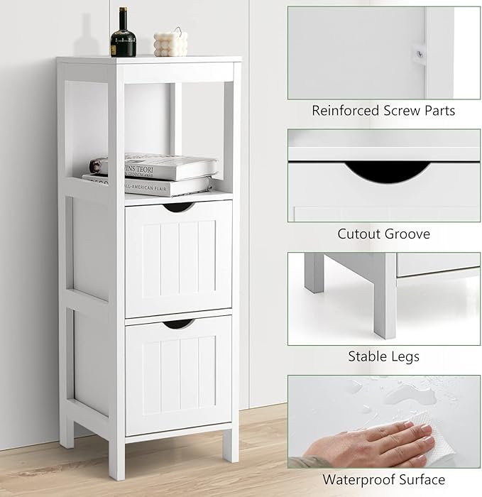 Tangkula Small Bathroom Storage Cabinet with 2 Removable Drawers, Wood Freestanding Floor Cabinet for Bathroom, Anti-Tipping Device, Side Corner Cabinet for Small Spaces (White)