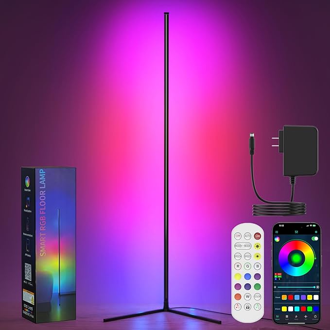 Upgraded Floor Lamp, 64.5''RGB LED Corner Lamp with App & Remote Control, 16 Million Colors & 300+ Scene, Standing Lamp with Music Sync for Living Room, Gaming Room，Bedroom