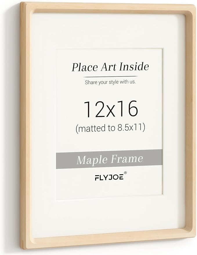 12x16 Picture Frame, USA-Sourced Natural Maple Wood Photo Frame with Tempered Glass, Handcrafted Rounded Corner 12 x 16 Wooden Frame Matted to 8.5x11 Photos, Horizontal or Vertical Wall Mounting