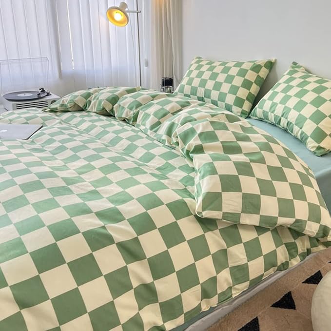 CLOTHKNOW Green White Plaid California King Comforter Set 3Pcs Grid Bedding Comforter Sets Checker Comforter with 2 x Pillow Cases