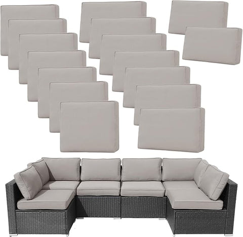 14Pieces Patio Cushion Covers Replacement,Waterproof Outdoor Cushions Covers for 6-Seaters Sofa,Slipcovers Set with Zippers,Washable Cover Only(Gray)