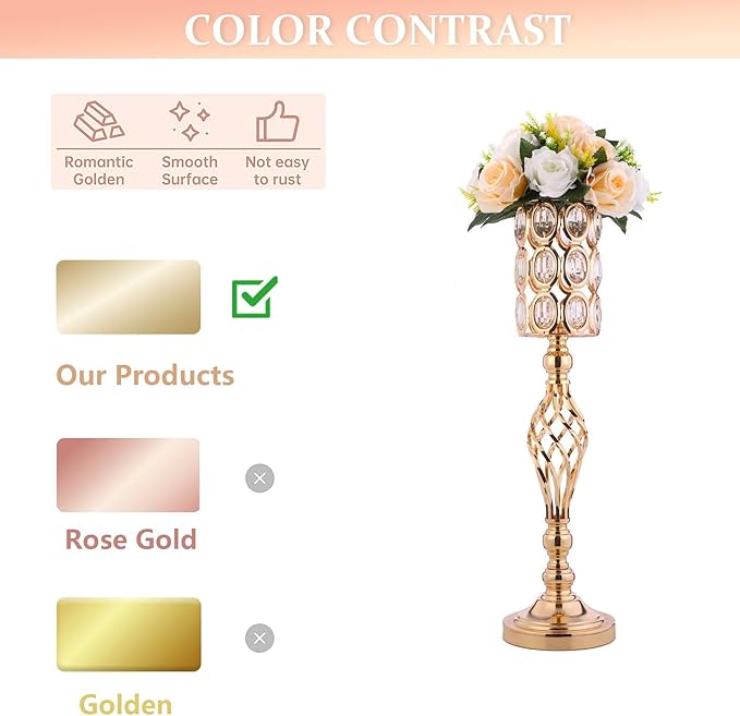 2pcs Gold Vases for Wedding Centerpieces for Tables, 24in Metal Diamond Crystal Flower Stand for Wedding Decorations for Reception Party Dining Room Living Room Decor