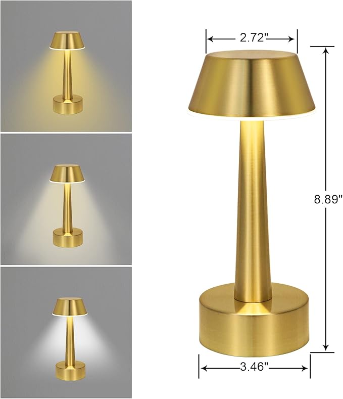 UMEXUS 2 Pack Rechargeable Small Cordless Table Lamp, LED Battery Operated Touch 3 Color Dimming Bedside Nightstand Desk Lamps Metal Portable Night Lights for Bedroom Bar Restaurant Outdoor Gold