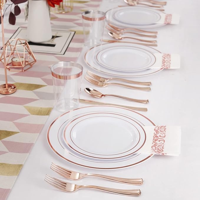 Supernal 400pcs Rose Gold Dinnerware,Rose Gold Plastic Plates,Wedding Decoration,Heavy Duty Disaposable Silverware, Disaposable Rim Cups, Easter Paper Napkins,Suit for Wedding, Birthday,Party