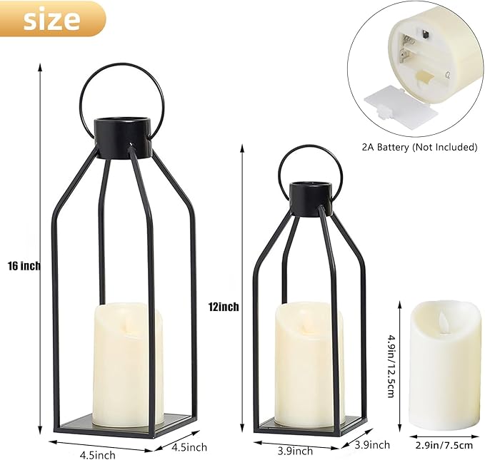 Modern Farmhouse Lantern Decor,16'' 12'' 2 Pcs Metal Candle Lanterns with Flameless Candles Black Decorative Lantern for Front Porch Covered Patio Dining Table Entryway Table Wedding Home Decor