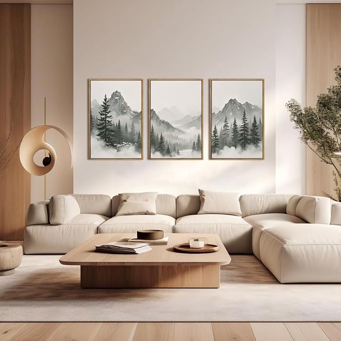 Large Nature Foggy Mountain Pine Trees Framed Canvas Wall Art, Misty Forest Landscape Wall Decor,Watercolor Woodland Scenery Artwork,Modern Art Print for Living Room, Bedroom, Office- 24"x36"x3