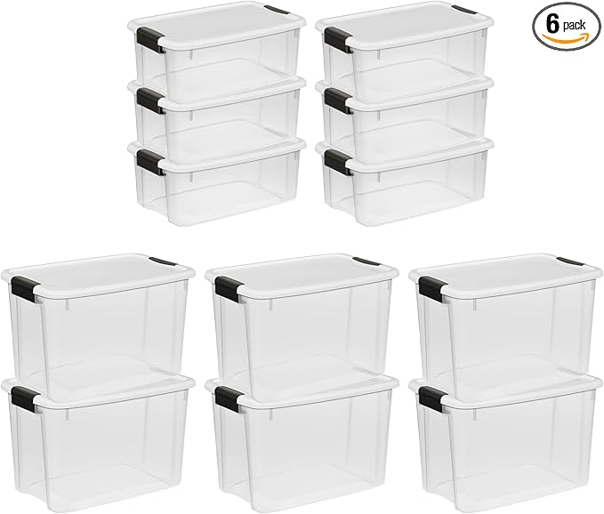 Sterilite 30 Quart (6 Pack) & 18 Quart (6 Pack) Clear Plastic Stackable Storage Container Bin Box Tote with White Latching Lid Organizing Solution