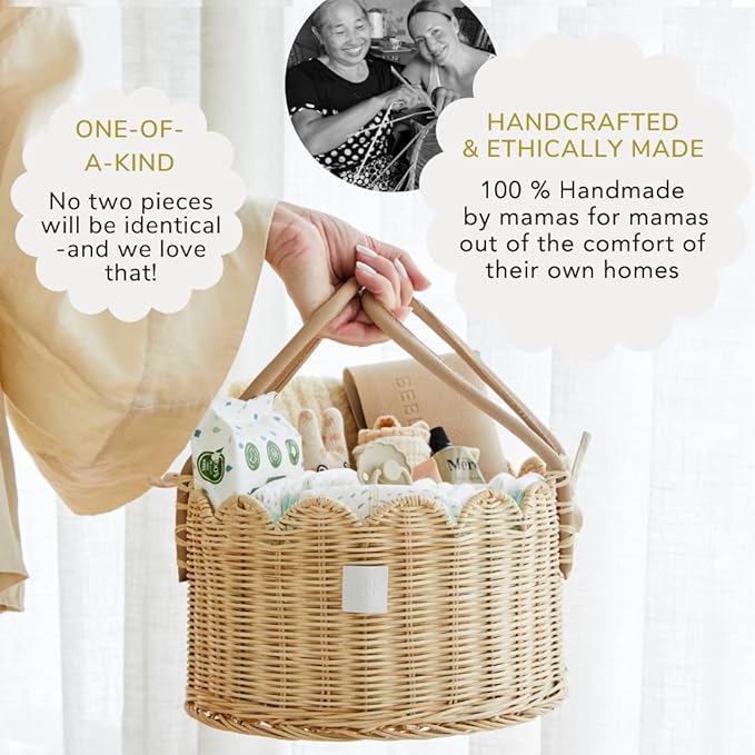 BEBE BASK Premium Baby Diaper Caddy Organizer - Handmade & Award-Winning Scalloped Rattan Basket - Luxury Diaper Caddy Basket - Elegant Scalloped Edge (Natural)