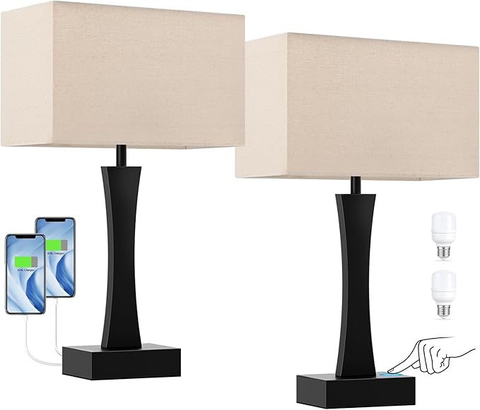 Bedside Lamps for Night Stands - 3 Way Dimmable Table Lamp for Bedroom with USB C+A Ports,Modern Bedside Lamps Set of 2, Touch Lamps for Nightstands(Beige)