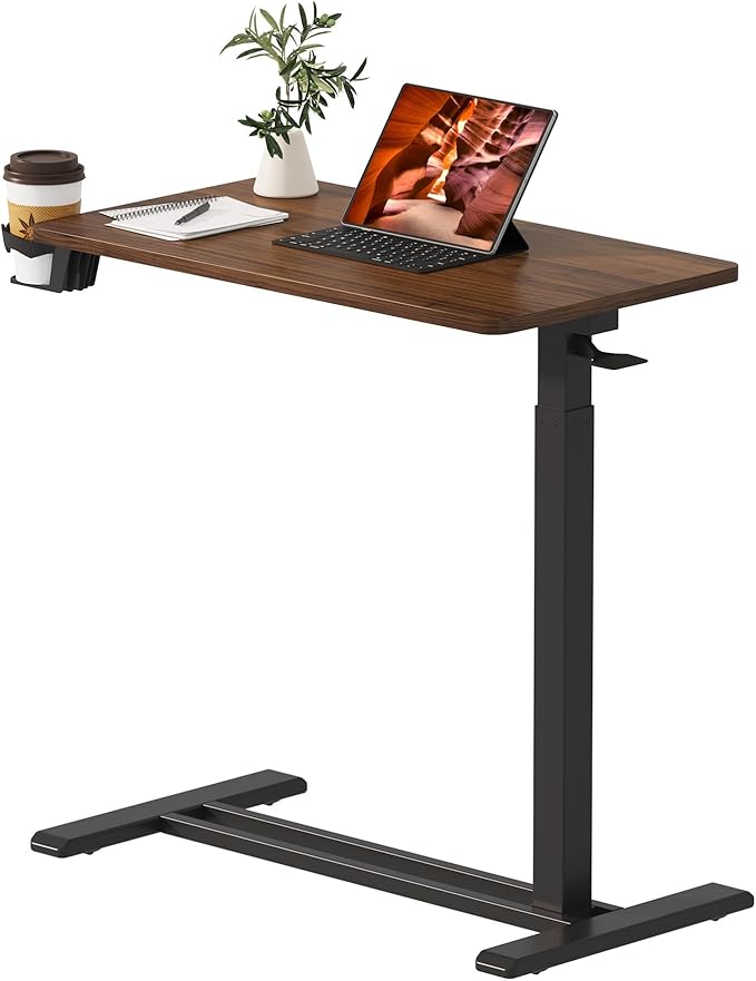 Medical Overbed Adjustable Bedside Table with Hidden Casters, Pneumatic Mobile Rolling Laptop Standing Desk with Tray for Home and Hospital Use, Mahogany