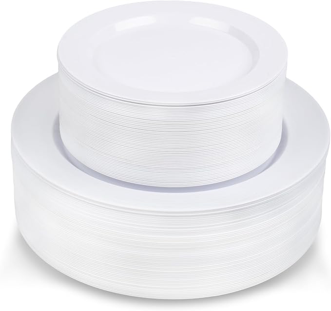 100 Piece Plastic Party Plates White, 50 Premium Heavy Duty 10.25 Inch Dinner Plates and 50 Disposable 7.5 Inch Dessert Appetizer Elegant Fancy Heavy Duty Wedding Plates