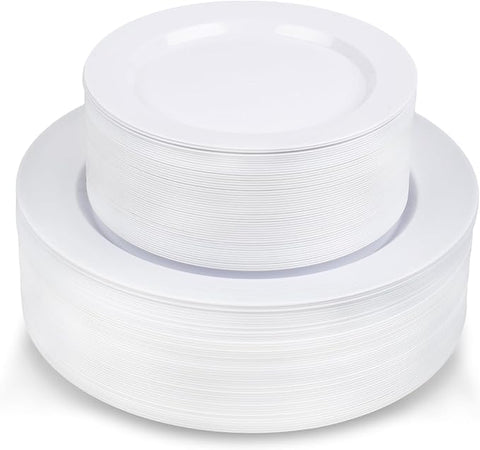 100 Piece Plastic Party Plates White, 50 Premium Heavy Duty 10.25 Inch Dinner Plates and 50 Disposable 7.5 Inch Dessert Appetizer Elegant Fancy Heavy Duty Wedding Plates
