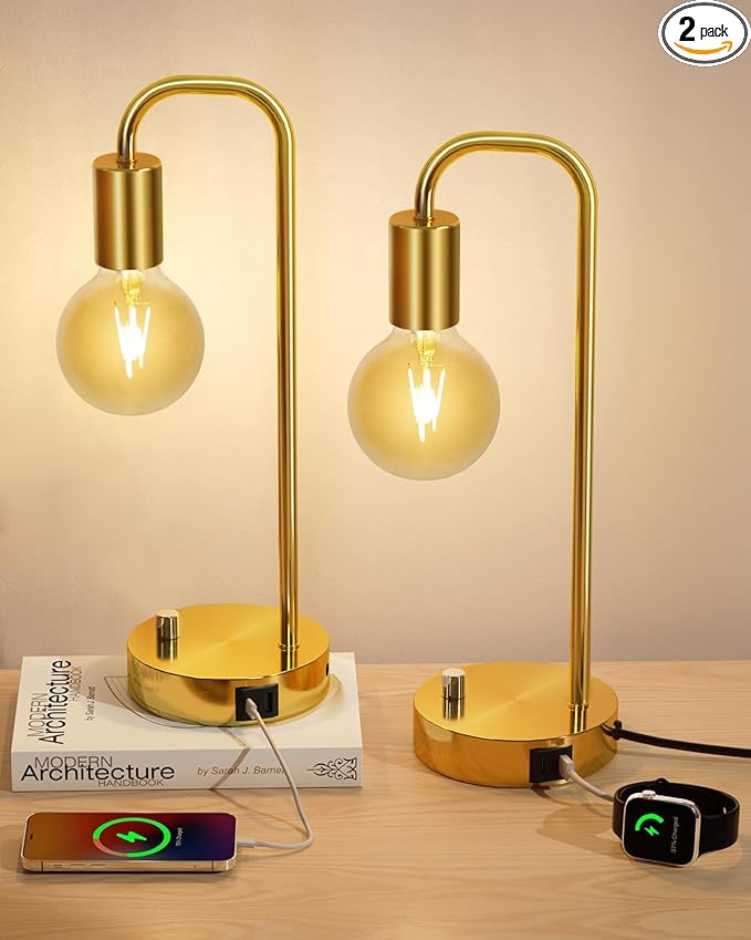 ONEWISH Industrial Table Lamp Set of 2 with USB A&C Charging Port, Stepless Dimmable Nightstand Bedside Lamps for Bedroom,Desk Lamps with 2700K Gold Gradient Bulb for Reading Living Room