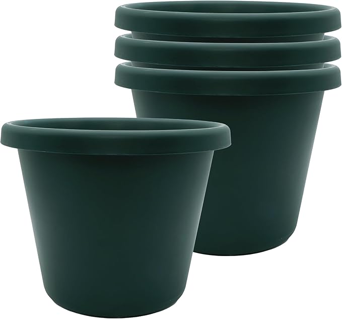 The HC Companies Classic Round Plastic Plant Pot w/Rolled Rim - Lightweight & UV Resistant Flower Pot for Herbs & More - Outdoor & Indoor Plant Pots w/Drainage (7 inch Evergreen, Pack of 4)